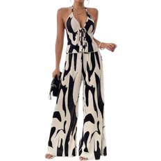 Shein RosyDaze 2pcs Elegant Deep-V Neck Tie Strap Bowknot Front & Back Pleated Floral Print Top & Skirt Set, Spring/Summer