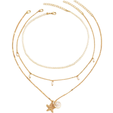 Pearl Necklaces Shein 3pcs/Set Faux Pearl Tassel, Starfish & Shell Decor Beaded Necklace Set, Multi-Layer Choker Necklaces, Suitable For Casual Wear & Summer Beach