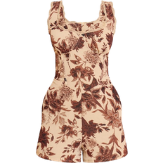 PrettyLittleThing Floral Printed Chiffon Corset Detail Romper - Brown