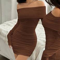 Shein Solid Color Long Sleeve Mini Brown Dress - Brown