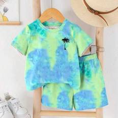 18-24M Other Sets Shein Toddler Boy Casual Cartoon Print Neck Shorts Set - Suitable For Summer