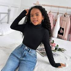 Polyester Knitted Sweaters Children's Clothing Shein Tween Girls Casual Solid Color Knit High Neck Long Sleeve Top