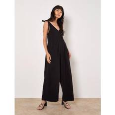 Cotton - Women Jumpsuits & Overalls Apricot Textured Cotton Wide Leg Jumpsuit - Black