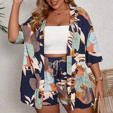 Shein Plus Size Boho Tree Leaves Printed Kimono Shirt Set - Blue