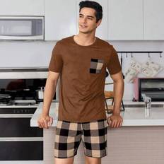 Shein Checkered Print Short Sleeve Top Drawstring Set - Men