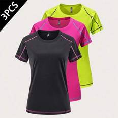 Women - Yoga T-shirts Shein 3-Pack Dry Fit Stretchy Short Sleeve Crew T-Shirt - Fashionable