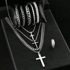 Men - Metal Jewellery Sets Shein Men's Cross Necklace Hollow Chain Bracelet Ring Jewelry Set