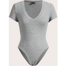 Grey Bodysuits Shein Casual Grey Deep V-Neck Short Sleeve Bodysuit