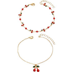 Shein 2pcs/Set Lovely Copper Material Glazed Cherry Pendant Anklet, Sweet & Fashionable Foot Jewelry Suitable For Daily Wear, Beach, Date, Party, Handmade Chain Arrangement Is Random