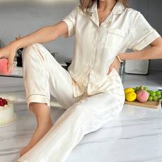 Stripes Pyjamas Shein Striped Jacquard Lapel Short Sleeve Long Pants Set