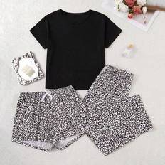 3XL Pyjamas Shein Solid Color Leopard Print Short Sleeve Pajama Set