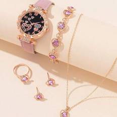 Jewellery Sets on sale Shein Girls Pink PU Strap Quartz Watch 5 Pcs - Pink
