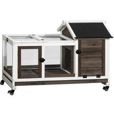 Pawhut Wooden Rabbit Hutch with Wheels 73.5x108x58cm Brown