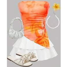 Shein Teen Girl Floral Halter Ruched Uneven Set - Orange White