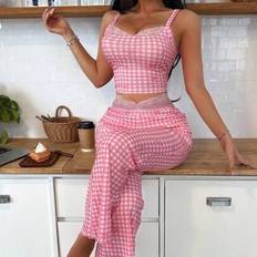 Shein Retro Plaid Bow Lace Trim Camisole Flared Leg Pants - Multicolor