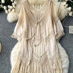 Vita Saronger & Kimonos Temu Elegant White Crochet Tassel Cover-up Dress - Loose Fit