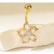 Gold Piercings Shein Copper Gold Plated Sparkling Zirconia Flower Button Ring - Christmas