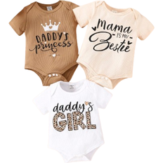 Shein Newborn Baby Girl Summer Cartoon Print Letter Pattern Short Sleeve Romper - White/Apricot Brown