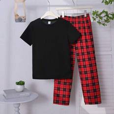 Black Pyjamases Shein Tween Boys Casual Minimalist Round Neck Short Sleeve T-Shirt Plaid Loose Pajama Pants - 2 Pieces