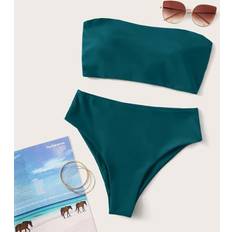 Lace - Women Swimwear Shein Summer Beach Solid Bikini Set Lace Up Back Reversible Tube Bra High Waisted Bottom 2 Piece - Strapless