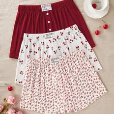 Shein Plus Size Sleepwear Sleep Shorts Set Featuring Elastic Waist Cherry Floral Print