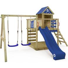 Wickey Wooden climbing frame Smart Cave with swing set and blue slide, Playhouse on stilts for kids with sandpit, climbing ladder & playaccessories