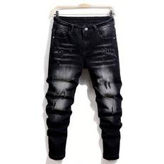 Shein Button Front Pocket Elastic Distressed Denim Jeans