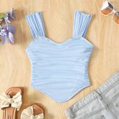 Polyester Tank Tops Shein Tween Girls Cute Summer Sweetheart Collar Solid Ruched Wide Strap Top