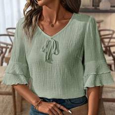 Shein Ruffled Short Sleeve V-Neck Casual Linen Blouse - For Women