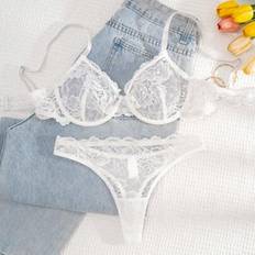 White - Women Lingerie Sets Shein Solid Color Lace Bra Panty Set With Underwire Comfort Lingerie