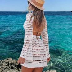 Elastane/Lycra/Spandex Swimsuit Cover-Ups & Sarong Wraps Shein Spring Summer Beach Outfits Bohemian Sexy Hollowed-Out Backless Long Sleeve Crochet Cover Up Sundress