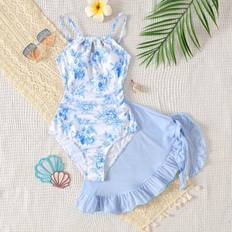 Shein Tween Girls Casual Floral Hollow Out Swimsuit With Scarf