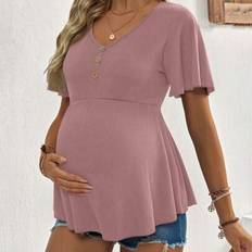 Short Sleeves Maternity & Nursing Wear Shein Maternity Solid Color V-Neck Button Design T-Shirt