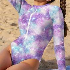 Shein Tie-Dye Print Tween Girls Minimalist Crew Neck Swimsuit - Suitable For Summer