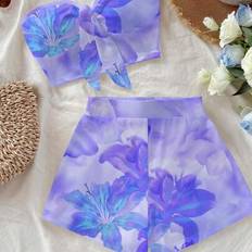 Purple - Women Suits Shein Casual Bow Front Bandeau Top Mini Shorts Set - Hibiscus Purple