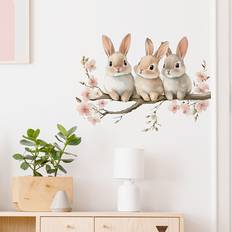 Rosa Självhäftande film Temu Deco Bunny Wall Stickers With Pink Flowers Självhäftande film