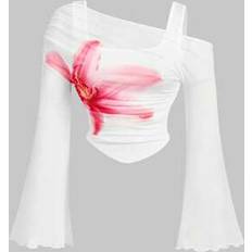 Florals T-shirts Shein Plus Size Fitted Mesh Floral Print Cream T-Shirt - With Sleeves