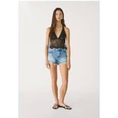 Black Tank Tops Stradivarius Halter Top With Rhinestone Embroidery - Black