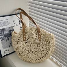 Beige Strandväskor på rea Temu Women's Woven Straw Tote Bag Large Capacity - Beige