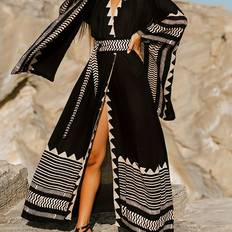 Temu Boho Style Black Kimono Cover-up With White Geometric Print