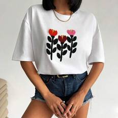 Shein Women Flower Towel Embroidery Loose Fit Oversize Tshirt