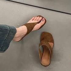 Brown - Suede Heeled Sandals Shein High Heel Thong Sandals Suede Effect - Brown