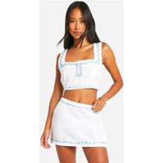 White - Women Suits boohoo Embroidered Linen Look Crop Top Mini Skirt Set - White