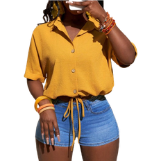Shein Slaydiva Summer New Textured Fabric Orange Short Sleeve Casual Vacation Shirt - B