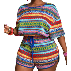 Shein Plus Size Casual Vacation Dragsko Stickad Jacquard Delad Fåll - Blå