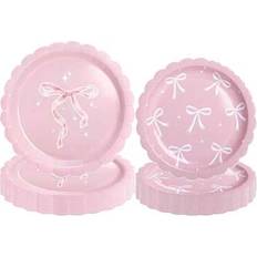 Disposable Plates on sale Shein Pink And White Bow 7inch Plate Tableware Set