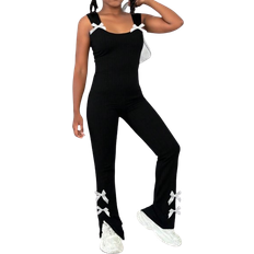 Girls Jumpsuits Children's Clothing Shein Girls Summer Sleeveless Bow Design Casual Jumpsuit - Black/White