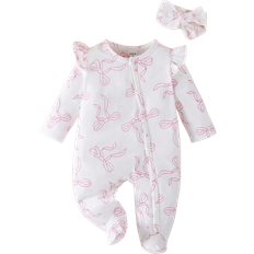 Shein Long Sleeve Footie Jumpsuit With Headband - White/Pink