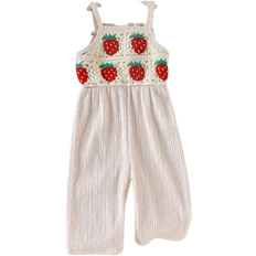 Beige Jumpsuits Children's Clothing Shein Girl's Summer Rompers Cute Print Overalls - Loose-Fit