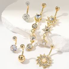 Shein 6pcs Luxury Floral Round Rhinestone Navel Rings - Halloween